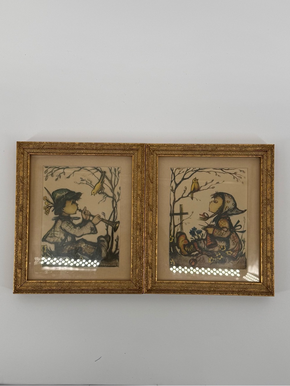 Vintage Style Gold Double Framed Wall Art - Yellow and Brown Illustration